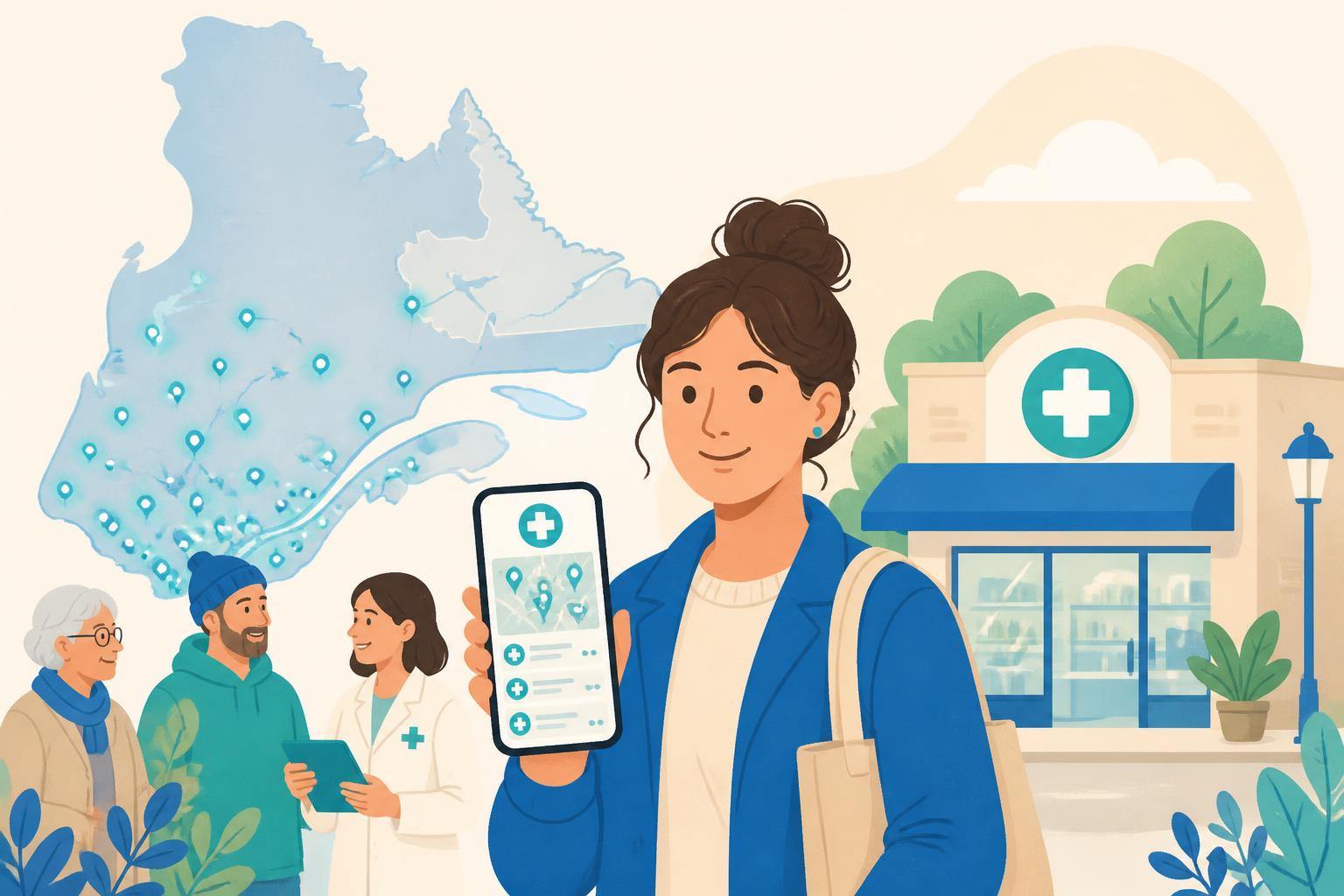 Illustration : une personne consulte MédiPen sur son téléphone devant une pharmacie, avec une carte du Québec parsemée de points de pharmacies